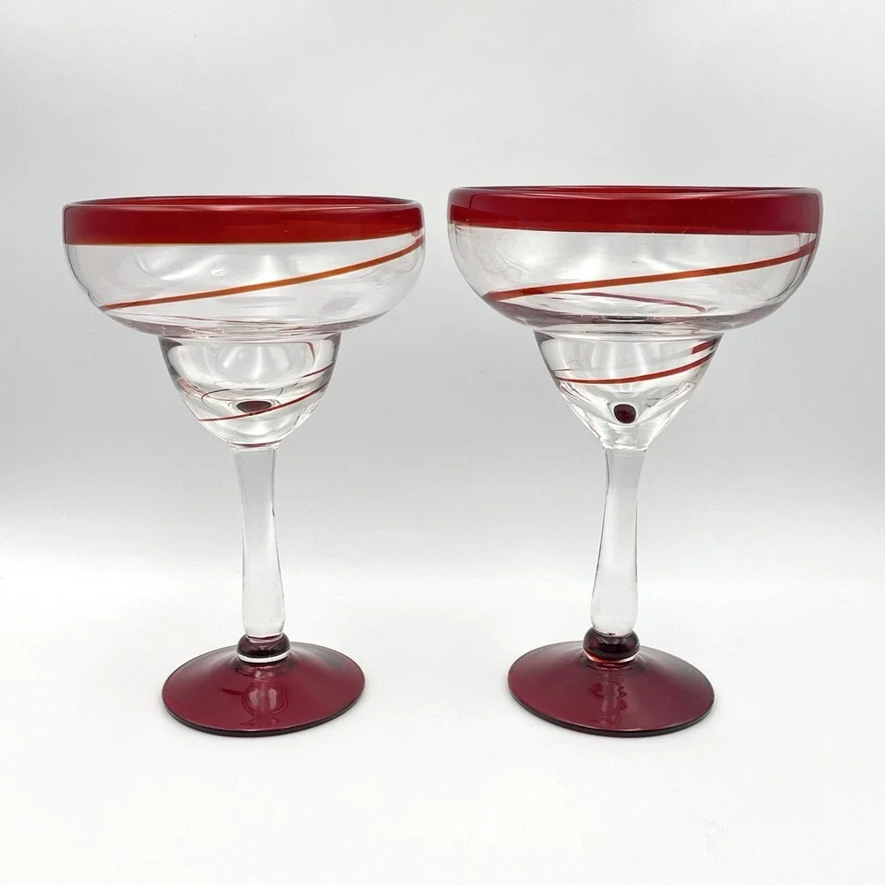 Pair Hand Blown Red Swirl Margarita Glasses 8